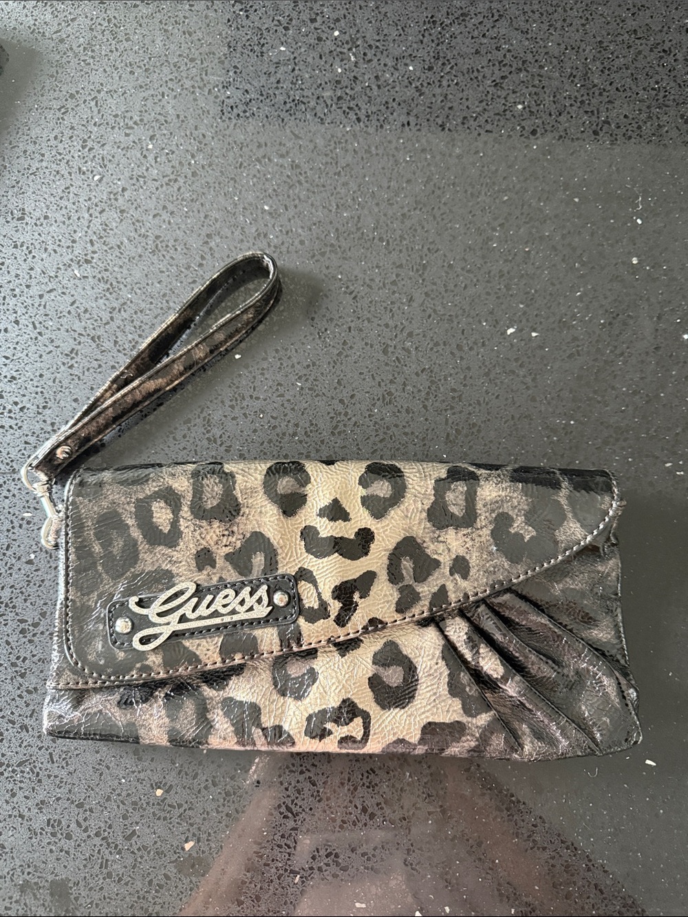 GUESS Leopard Print Wristlet Clutch - Black and Taupe